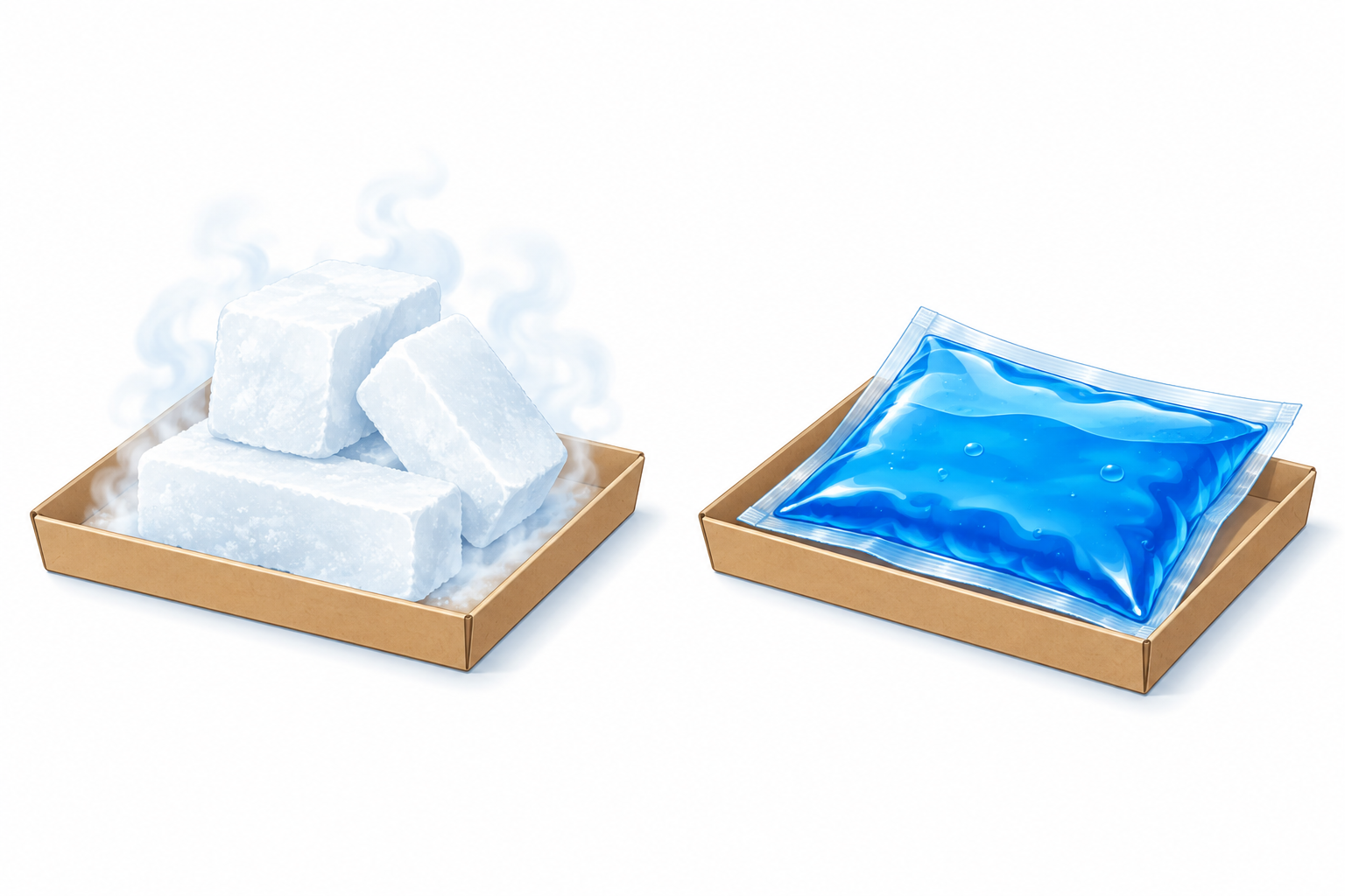 Dry ice and a sealed gel cold pack shown separately.