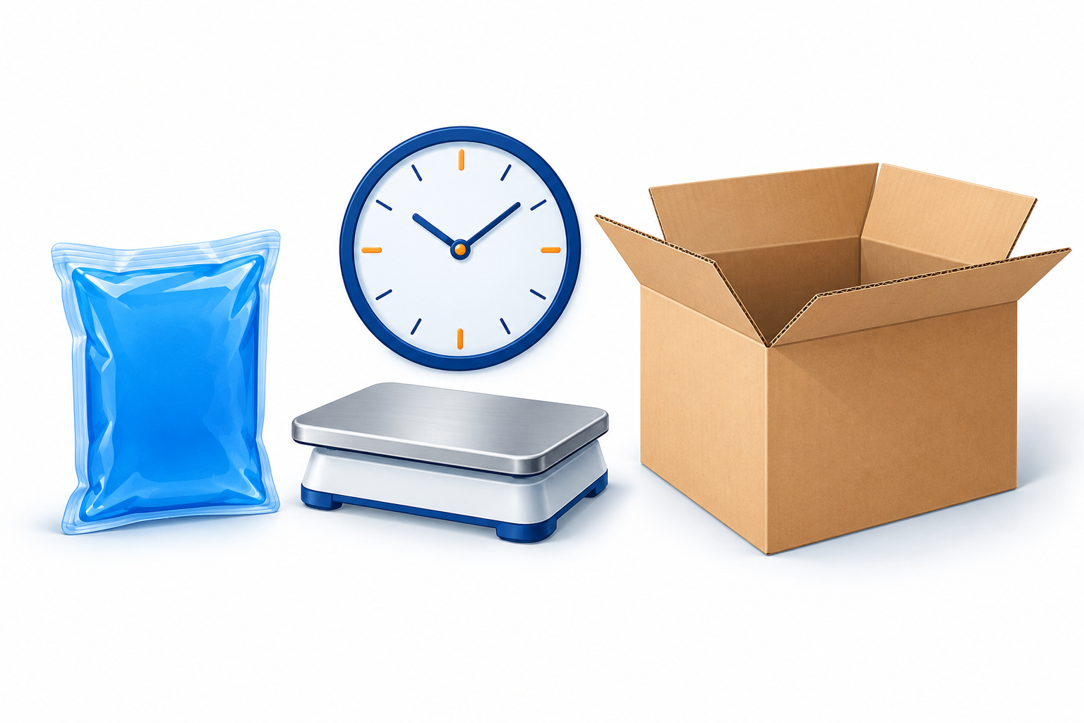 Cold pack, scale, clock and empty carton representing evaluation variables.