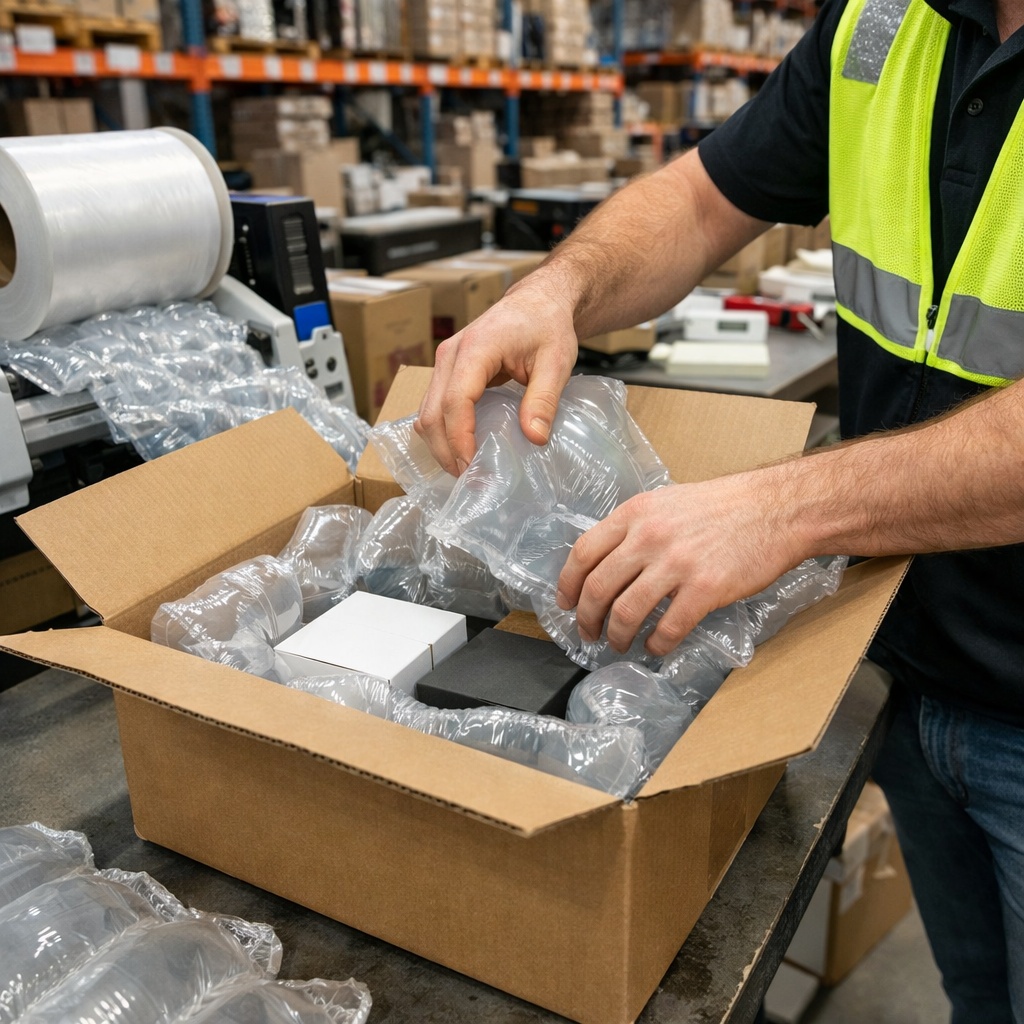 Ripac in-the-box protective packaging used at a fulfillment pack station