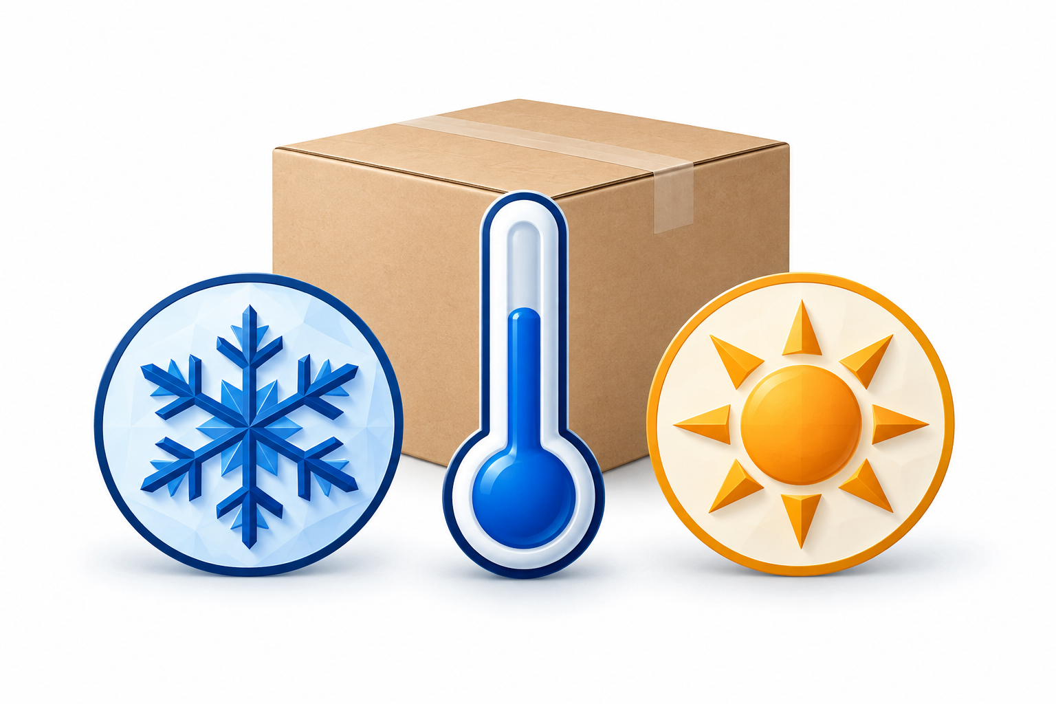 Shipping carton with symbols for cold, temperature and heat.
