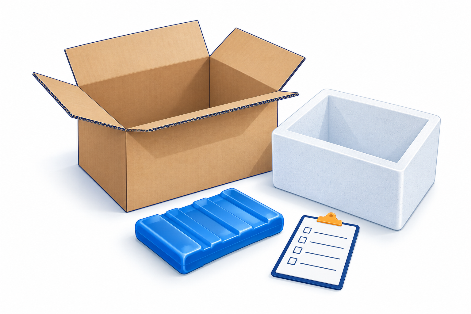 Empty carton, separate insulation, cold pack and evaluation checklist.