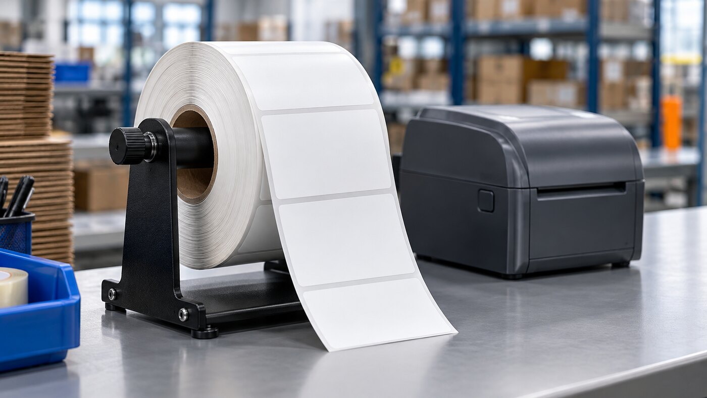 Roll labels feeding from a roll holder through a thermal label printer