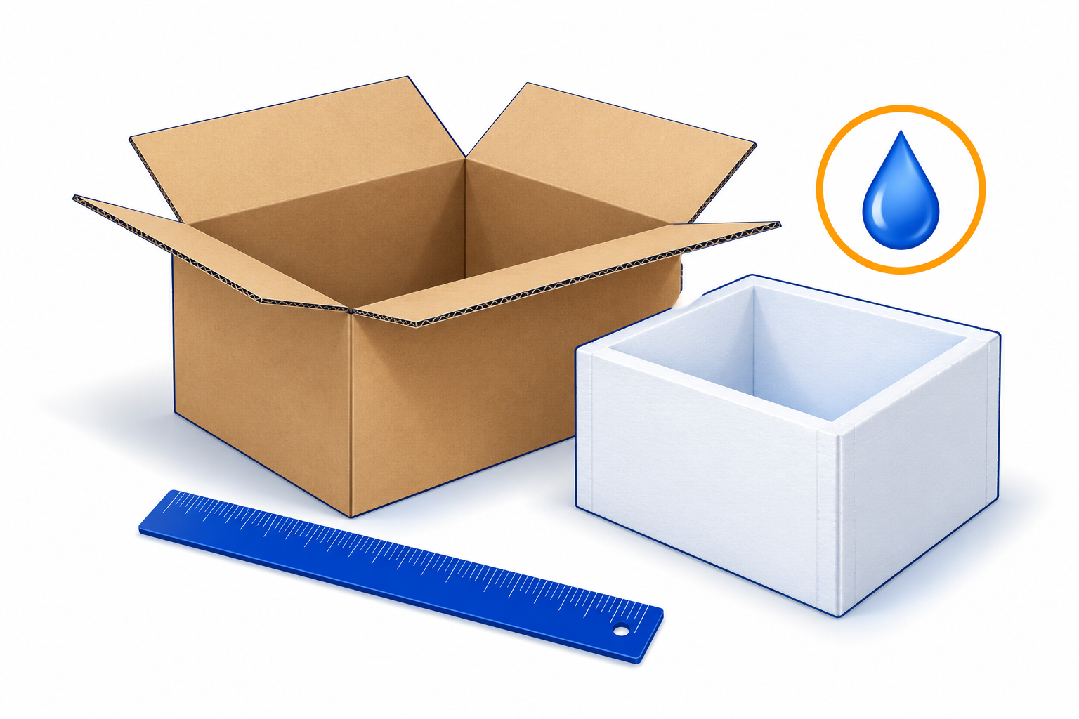 Empty carton, separate liner, ruler and moisture symbol.